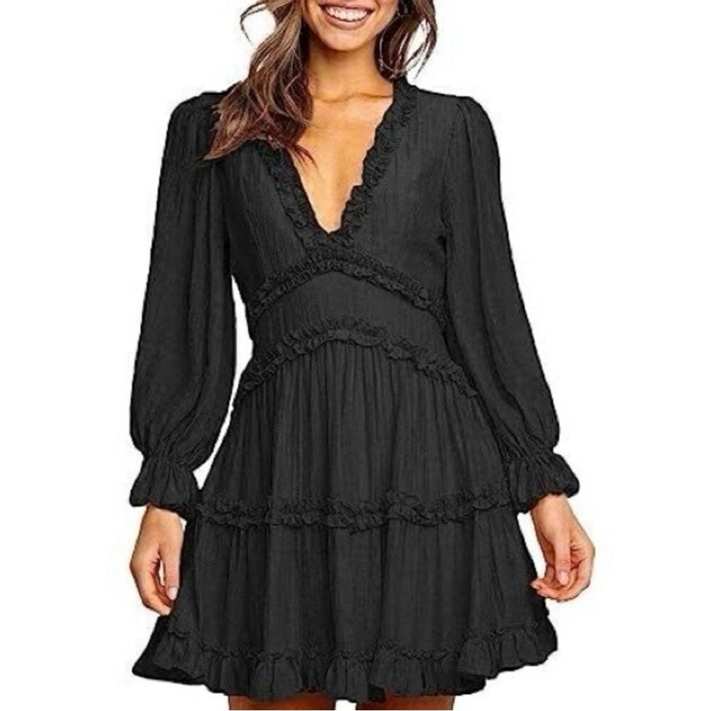 Sexy Black Ruffle Long Sleeve Dress bohemian festival cottage cocktails large - Picture 2 of 7